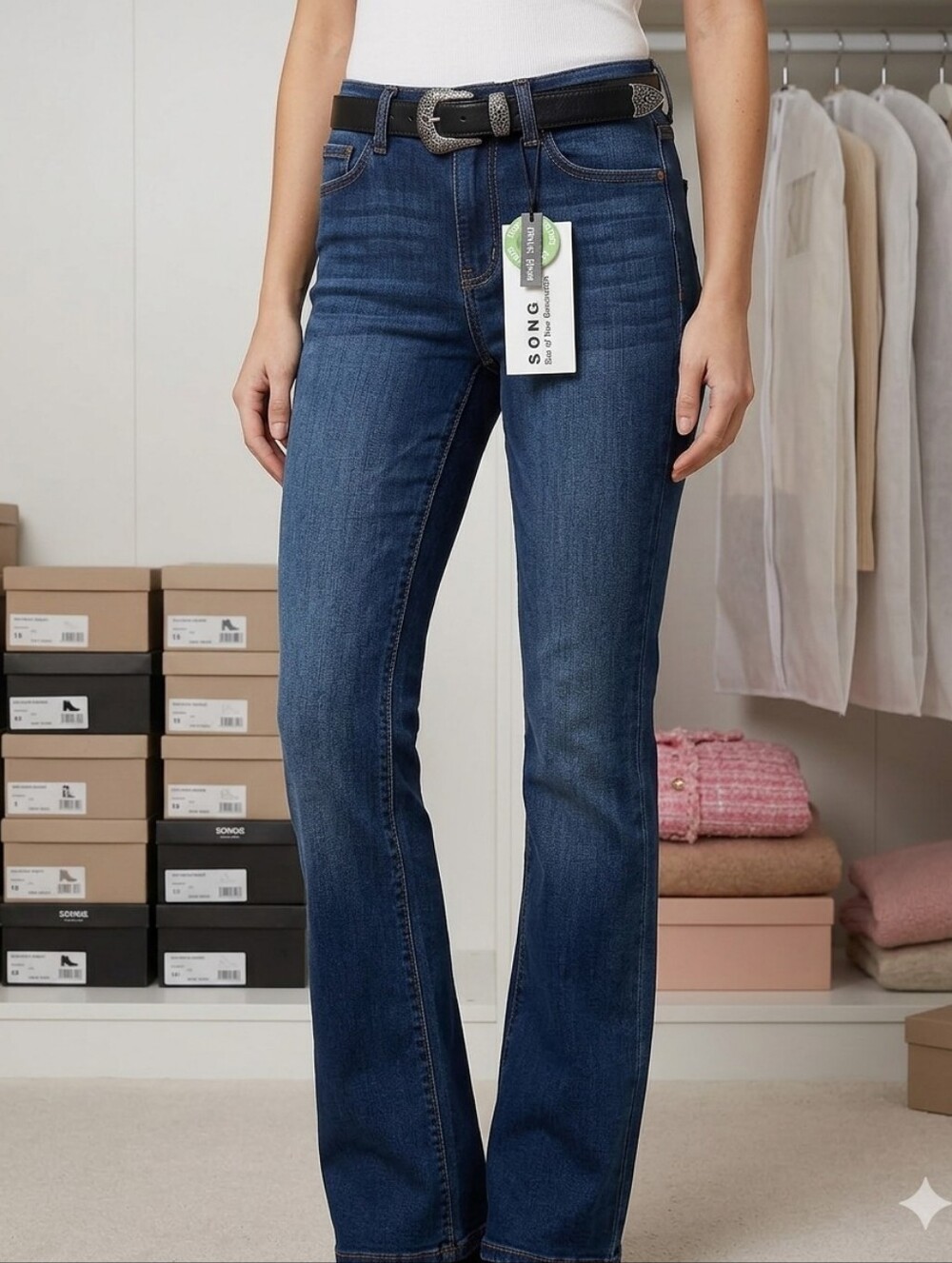 0/24 Denim Women's Dark Blue Bootcut Jeans Midrise S.O.N.G Belt Included